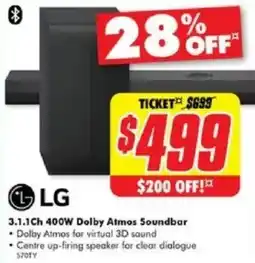 The Good Guys LG 3.1.1Ch 400W Dolby Atmos Soundbar offer