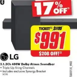 The Good Guys LG 3.1.3Ch 400W Dolby Atmos Soundbar Triple Up-firing Channels offer