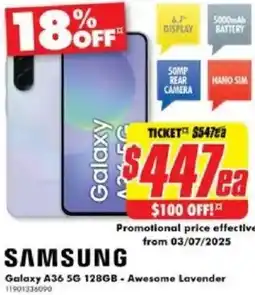 The Good Guys SAMSUNG Galaxy A36 5G 128GB - Awesome Lavender offer
