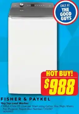 The Good Guys FISHER & PAYKEL 9kg Top Load Washer offer