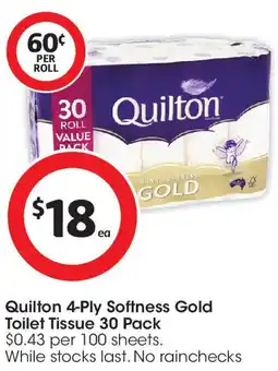 Coles Quilton 4-ply softness gold toilet tissue 30 pack offer
