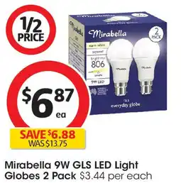 Coles Mirabella 9w gls led light globes 2 pack offer