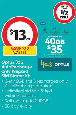 Coles Optus autorecharge only prepaid sim starter kit offer