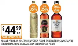 Supabarn Ariane premium australian vodka, sailor jerry savage apple spiced rum and canadian club whisky offer