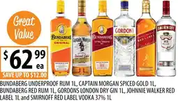 Supabarn Bundaberg underproof rum, captain morgan, bundaberg red rum, gordons, johnnie walker red label and smirnoff red label vodka offer