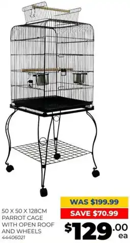 Parrot cage with open roof and wheels