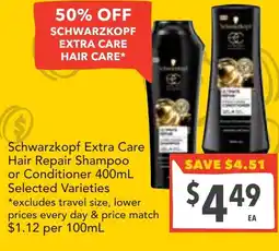 Supa Valu Schwarzkopf extra care hair repair shampoo or conditioner offer