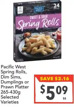 Supa Valu Pacific West Spring Rolls, Dim Sims, Dumplings or Prawn Platter offer
