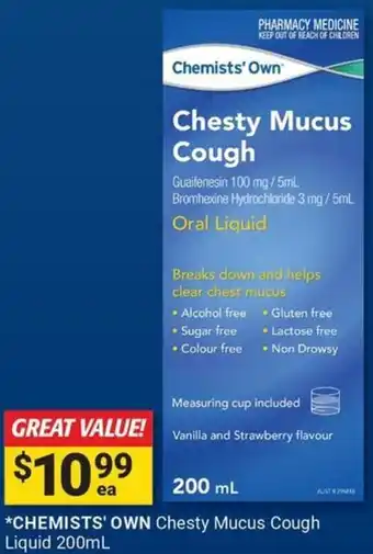 Cincotta Chemist CHEMISTS' OWN Chesty Mucus Cough Liquid offer