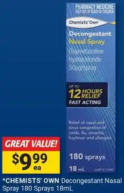 Cincotta Chemist CHEMISTS' OWN Decongestant Nasal Spray offer