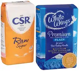 IGA CSR Raw Sugar 1kg, White Wings Premium Plain Flour or Self Raising Flour 1kg offer