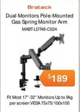 Leader Computers Brateck Dual Monitors Pole-Mounted Gas Spring Monitor Arm offer