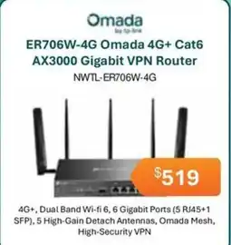 Leader Computers ER706W-4G Omada 4G+ Cat6 AX3000 Gigabit VPN Router offer