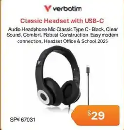 Leader Computers Verbatim Classic Headset with USB-C offer