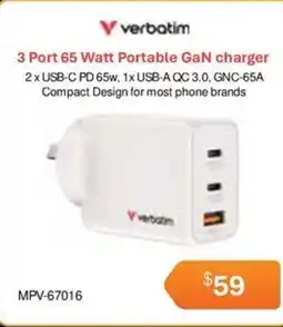 Leader Computers Verbatim 3 Port 65 Watt Portable GaN charger offer