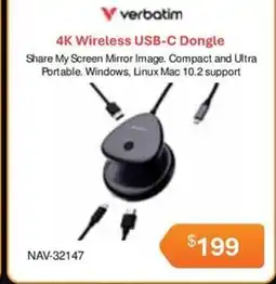 Leader Computers Verbatim 4K Wireless USB-C Dongle offer