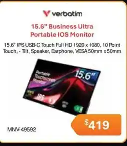 Leader Computers Verbatim 15.6" Business Ultra Portable IOS Monitor offer