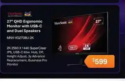 Leader Computers ViewSonic 27” QHD Ergonomic Monitor with USB-C and Dual Speakers offer
