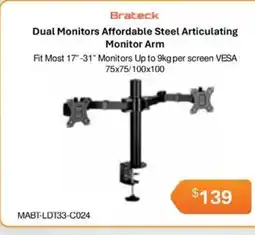 Leader Computers Brateck Dual Monitors Affordable Steel Articulating Monitor Arm offer