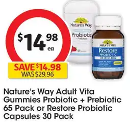 Coles Nature's way adult vita gummies probiotic + prebiotic 65 pack or restore probiotic capsules 30 pack offer