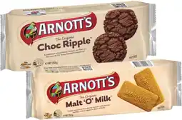 Coles Arnott's Malt 'O' Milk or Choc Ripple Biscuits 250g offer