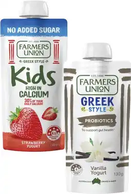 Coles Farmers Union Greek Style or Kids No Added Sugar Yogurt Pouch 130g offer