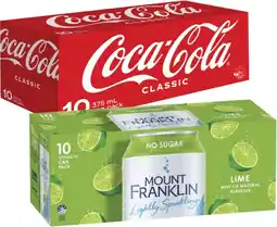 Coles Coca-Cola, Fanta or Sprite Soft Drink or Mt Franklin Sparkling Water 10x375mL offer