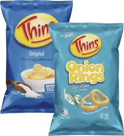 Coles Thins Potato Chips 150g-175g or Onion Rings 85g offer
