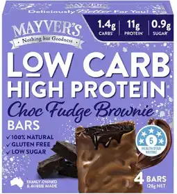 Coles NEW Mayver's Low Carb High Protein Choc Fudge Brownie Bars 128g offer
