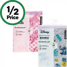 Woolworths Bonds Disney or Mattel Zippy Wondersuit Assorted Pk 1 offer
