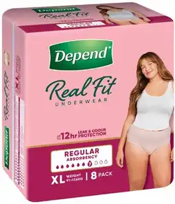 Coles Depend Real Fit Underwear for Women Size XL 8 Pack offer