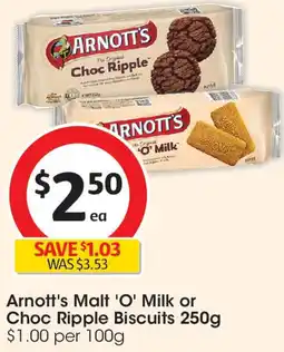 Coles Arnott's Malt 'O' Milk or Choc Ripple Biscuits offer