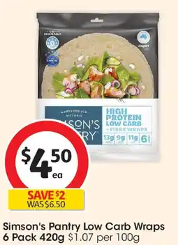 Coles Simson's Pantry Low Carb Simson's Pantry Low Carb Wraps 6 Pack 420g $1.07 per 100g offer
