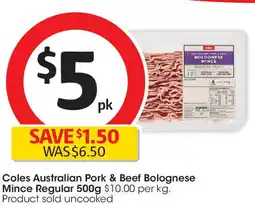 Coles Coles australian pork & beef bolognese mince regular offer