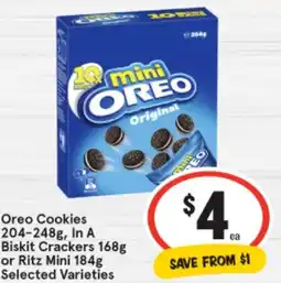 IGA Oreo Cookies 204-248g, In A Biskit Crackers 168g or Ritz Mini 184g offer