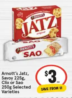 IGA Arnott's Jatz, Savoy 225g, Clix or Sao 250g offer