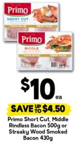 Drakes Primo Short Cut, Middle Rindless Bacon or Streaky Wood Smoked Bacon offer
