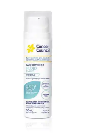 ePharmacy Cancer council sunscreen spf 50+ face day wear fluid matte 50ml tube offer