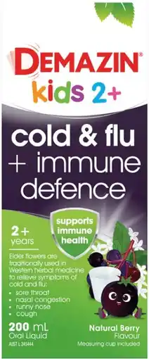 Soul Pattinson Chemist Demazin Kids 2+ Cold & Flu + Immune Defence Natural Berry Flavour 200mL offer