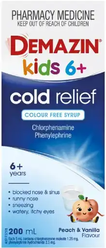 Soul Pattinson Chemist Demazin Kids 6+ Cold Relief Peach & Vanilla Flavour 200mL offer