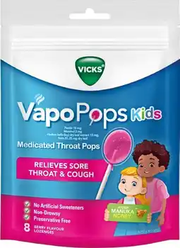 Soul Pattinson Chemist Vicks VapoPops Kids Medicated Throat Pops 8 Lozenges offer