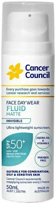 Priceline Cancer Council Face Day Wear Fluid Matte Invisible SPF50+ 50mL offer