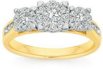 Angus & Coote 9ct Gold Diamond Cluster Trilogy Ring offer