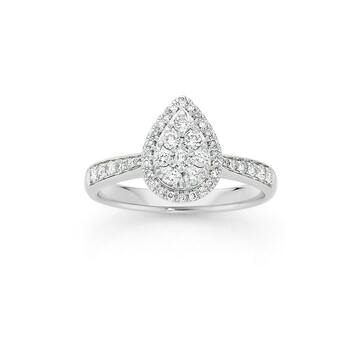 Angus & Coote 9ct White Gold Diamond Round Brilliant Cut Cluster Tear Drop Shoulder Ring offer