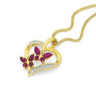 Angus & Coote 9ct Gold Natural Ruby & Diamond Butterfly Heart Pendant offer