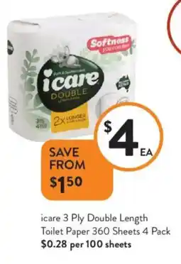 Foodworks Icare 3 ply double length toilet paper 360 sheets offer