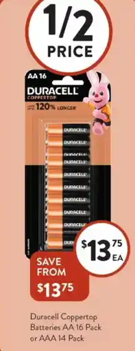 Foodworks Duracell Coppertop Batteries AA 16 Pack or AAA 14 Pack offer