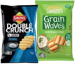 IGA Smith’s Double Crunch Chips 150g or Sunbites Grain Waves Chips 170g Selected Varieties offer