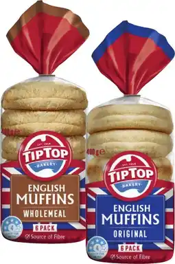 Coles Tip Top English Muffins 6 Pack 360g-400g offer