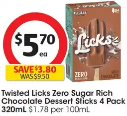 Coles Twisted licks zero sugar rich chocolate dessert sticks offer